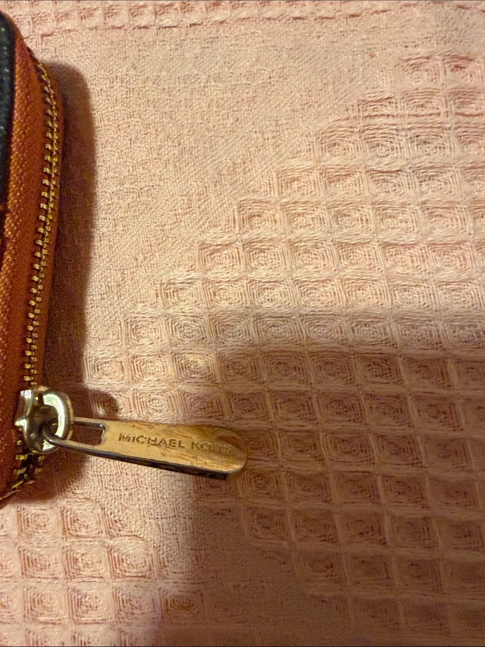 MICHAEL KORS Navy MK Logo Zip Wallet with Brown Trim